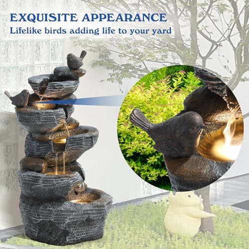 TITIMO 5-Tier Cascading Rock Water Fountain Outdoor Garden Waterfall with Lights, Fountain Indoor Decor for Garden, Patio, Backyard, Deck, Porch and Home Art Decor