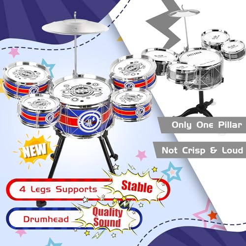 Toy Drum Set for Toddlers Upgrade Drums Kit Kids Jazz Drum Set with Stool, 5 Drums Percussion Musical Instruments Toys for 3 4 5 Year Old Boys Girls Gifts (Blue)