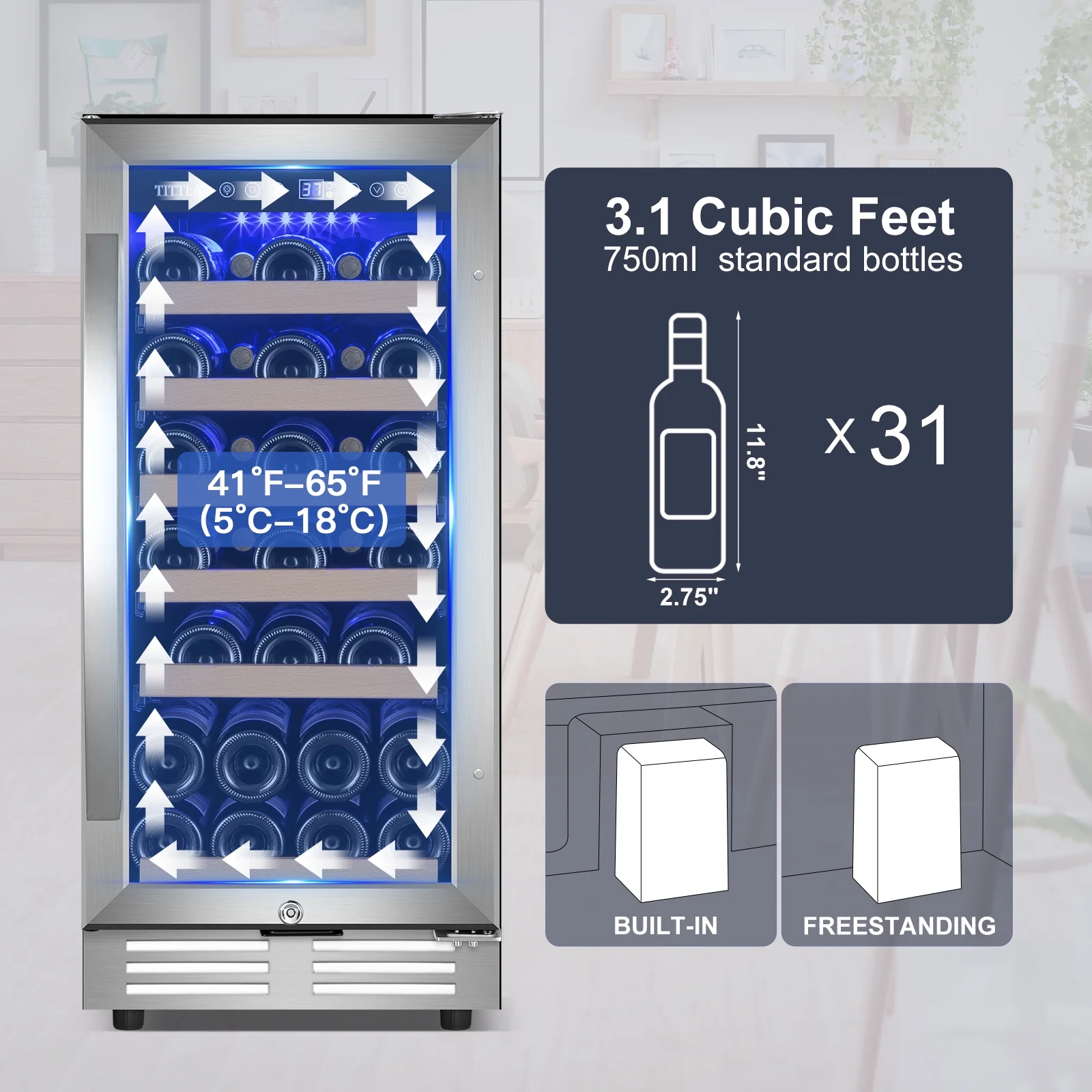 Tittla 15 inch Wine Refrigerators,30 Bottle Freestanding & Built-in Wine Cooler- Stainless Steel for Home Bar, Apartment, Condo