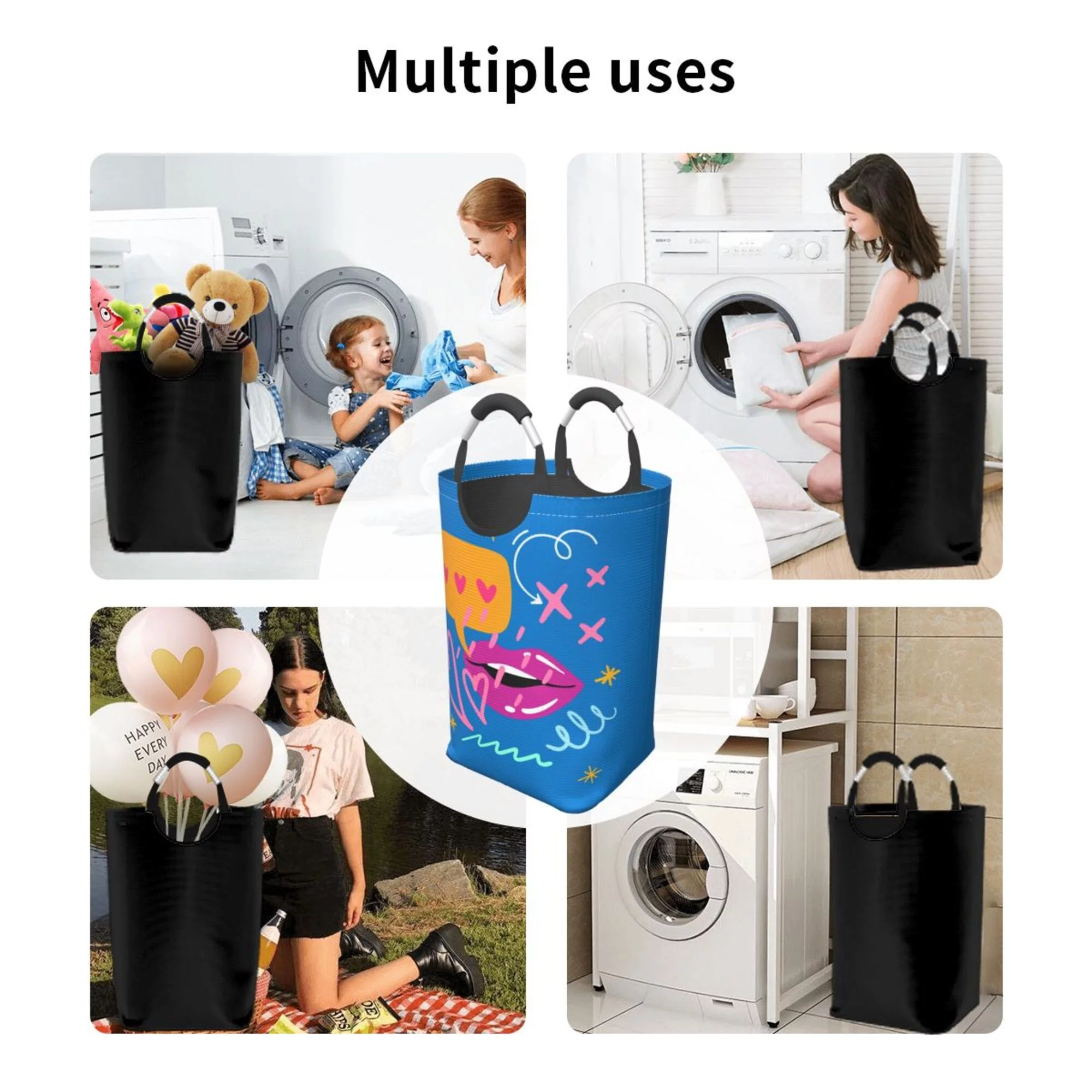 TEQUAN 50L Large Rectangular Laundry Hamper with Aluminum Handles, Love Heart Lips Fashion Symbol Prints Waterproof Foldable Dirty Clothes Basket