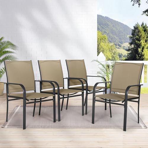 Outdoor Wrought Iron Dining Chairs Set of 4, Patio Textilene Dining Chair with High Backrest, Metal Frame Furniture Chairs with Armrests for Deck, Yard, Backyard, Lawn, Poolside (Dark Blue)