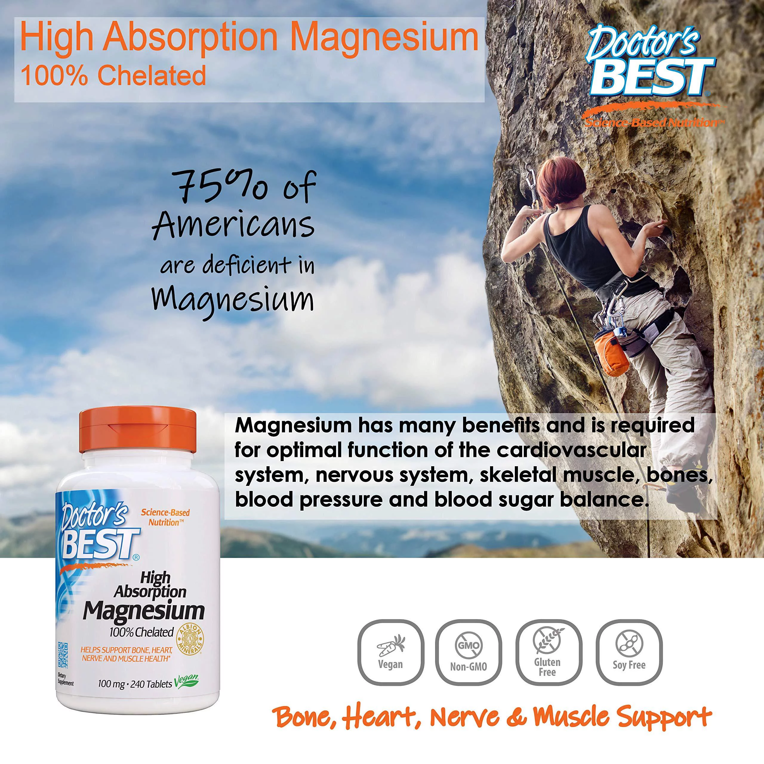 Doctor's Best High Absorption Magnesium Glycinate Lysinate, 100% Chelated, Non-GMO, Vegan, Gluten & Soy Free, 100 mg, 240 Count