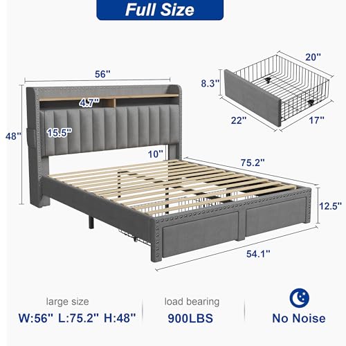 EnHomee King Size Bed Frame with 2-Tier Storage Headboard, Upholstered Platform Bed Frame with 2 Storage Drawers, Sturdy Wooden Slats Support, Noise-Free, No Box Spring Needed, Beige