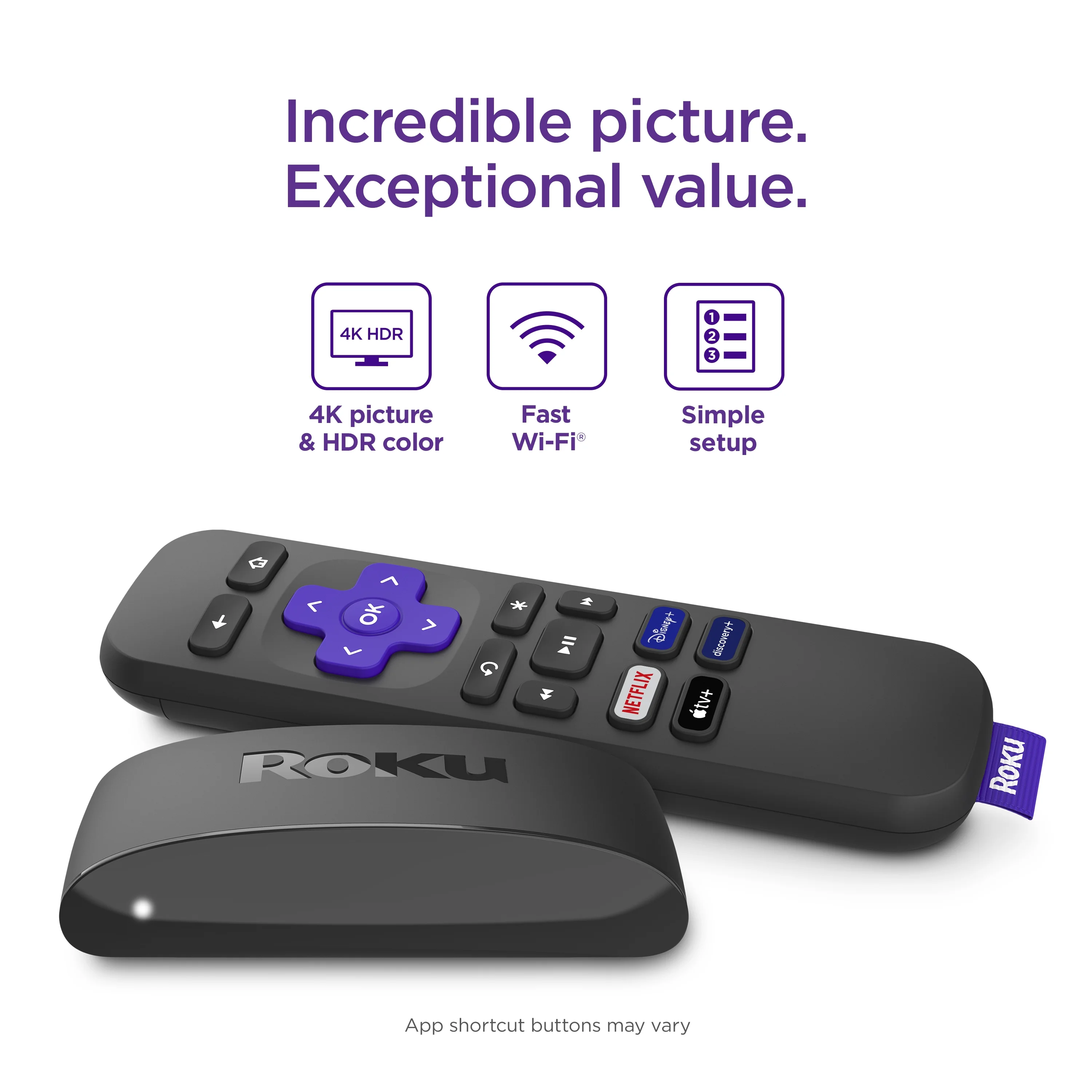 Roku Express 4K | Streaming Player HD/4K/HDR with Standard Remote featuring Shortcut Buttons