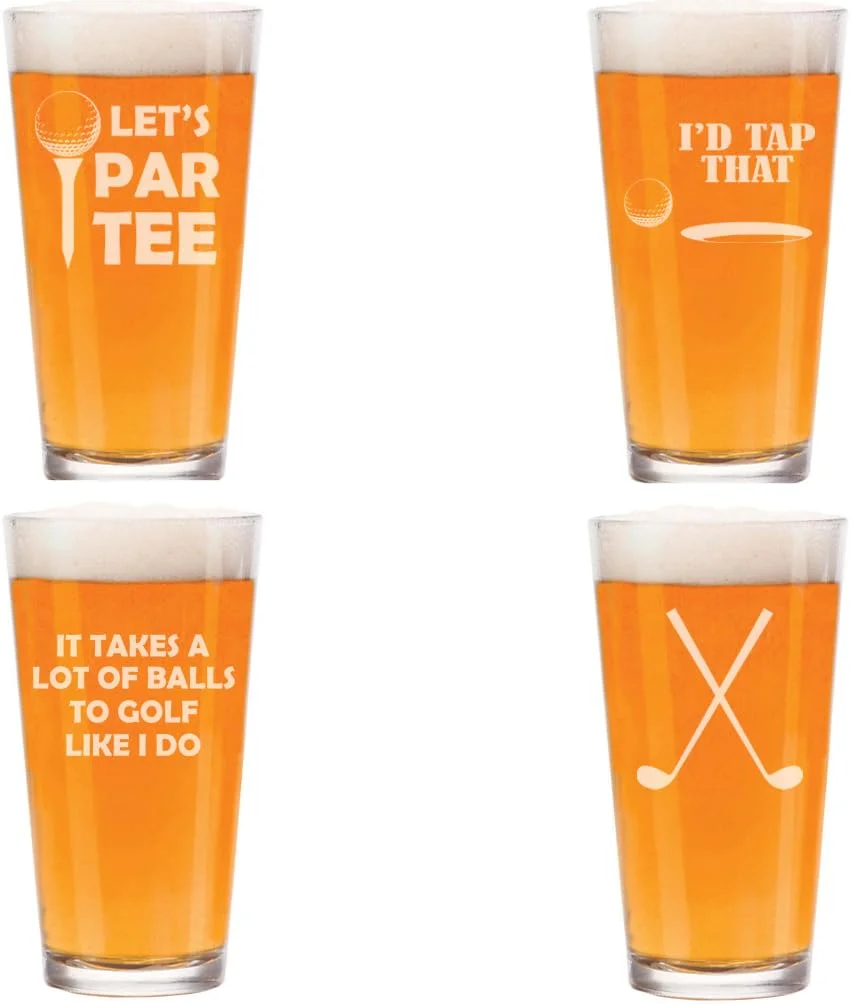 16 oz Beer Pint Glass Gift Set Of 4 Golf Collection Funny For Golfer