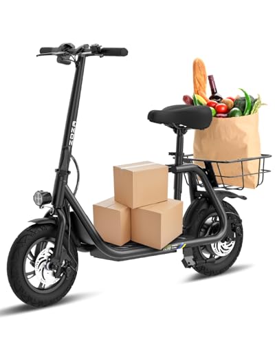 Electric Scooter with Seat ZD06, 800W Peak Motor, 20 Mile Range & 15.5 Mph, Key Start, Foldable E-Scooter with Carry Basket for Pets & Cargo, Electrically-Powered Motor Scooters
