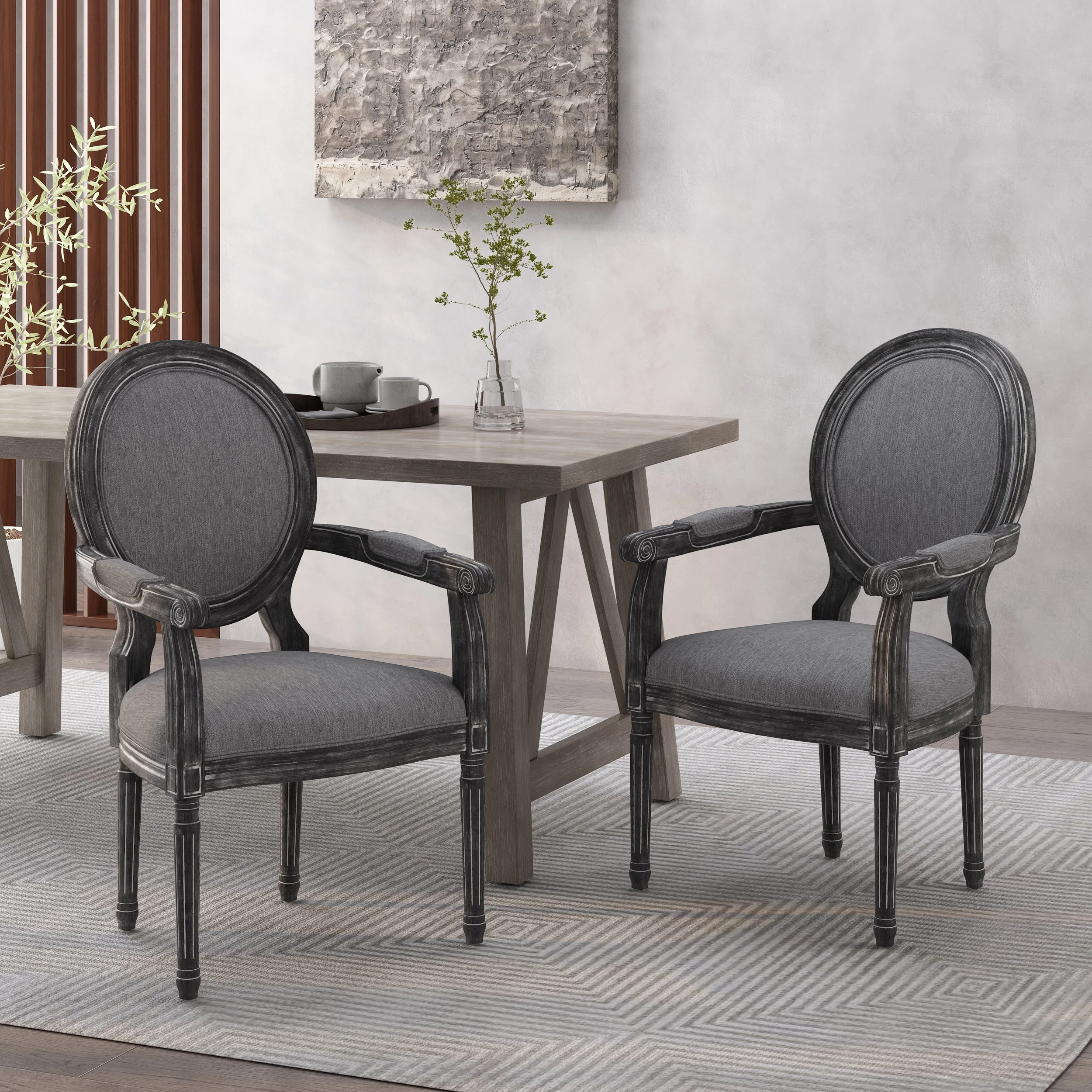GDF Studio Aisenbrey French Country Fabric Upholstered Wood Dining Chairs, Set of 2, Gray