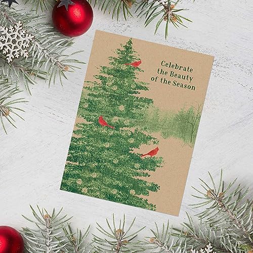 Masterpiece Holiday Greetings Trimmed In Scarlet Christmas Cards / 16 Boxed Snowy Cardinal Wreath Holiday Cards With Silver Foil Lined Envelopes / 5 5/8