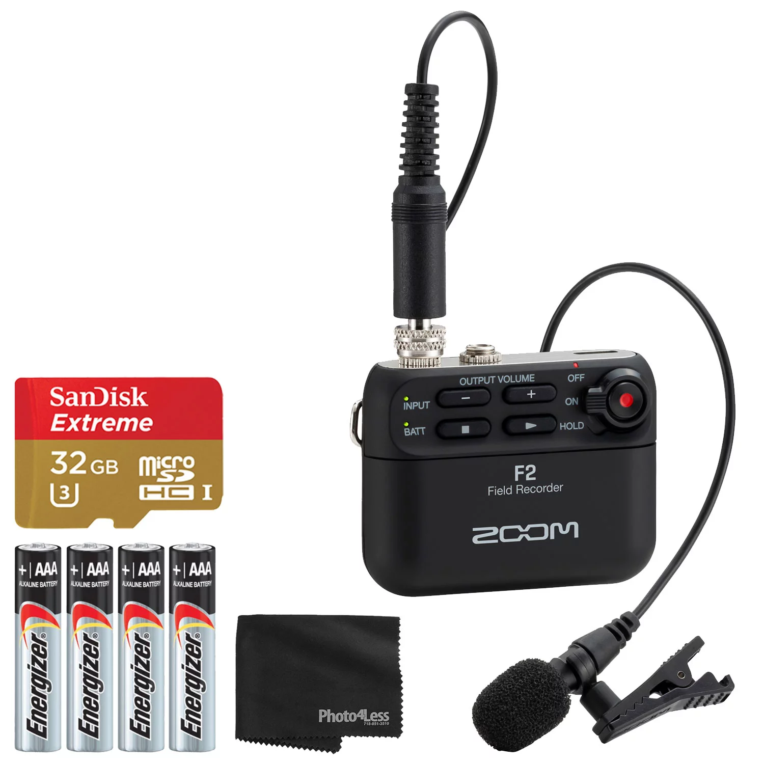 Zoom F2 Portable Field Recorder with Lavalier Microphone + 32GB microSDHC Memory Card + AAA Alkaline Batteries + Cleaning Cloth - Top Value Bundle