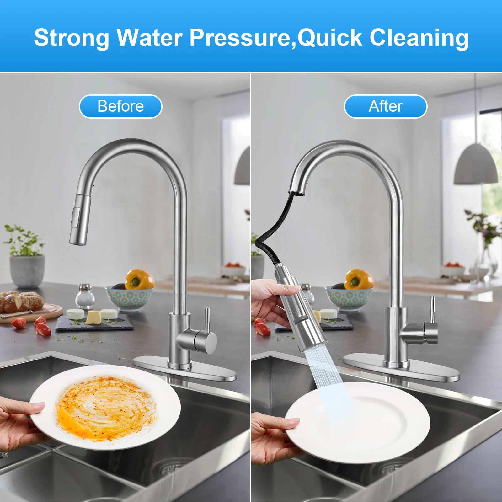 WYRAVIO Kitchen Faucet with Pull Down Sprayer, 304 Stainless Steel Kitchen Sink Faucets with Deck Plate, High Arc Single Handle