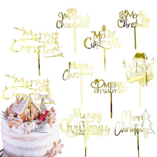 9 Pcs Merry Christmas Cake Topper Cake Decoration for Winter Xmas Party, Acrylic Mirror Gold Cupcake Topper Picks Cake Topper for Christmas Holiday Cake Desserts Decor Supplies