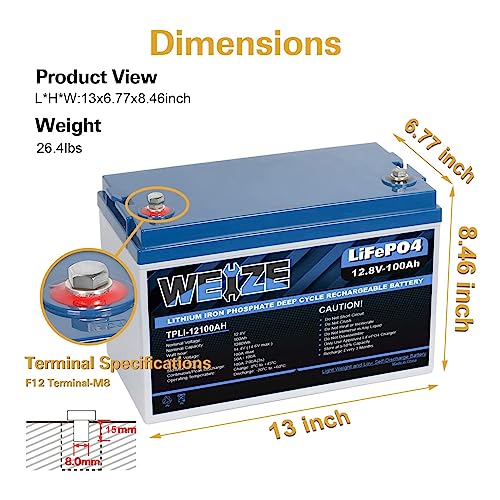 WEIZE 12V 100Ah LiFePO4 Lithium Battery, Upgrade Mini Size & Lightweight, 100A Smart BMS, Deep Cycle Low Temperature Protection Battery for RV, Solar, Marine, Trolling Motor, Off Grid Applications