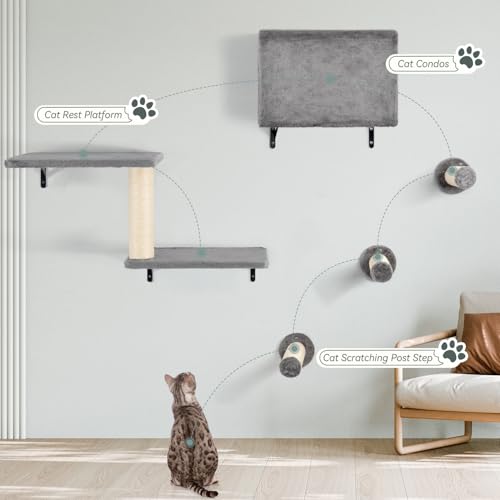 NUNU LAB 5-in-1 Wall-Mounted Cat Climber Set, Cats Wall Shelve, Wall-Mounted Cat Climbing Shelves, with House, Bridge, Steps, Scratcher, Hammock, Shelves (A-KM060)