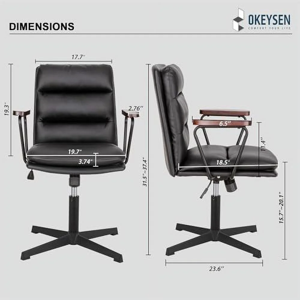 Office Desk Chair No Wheels  PU Padded Criss Cross Chair with Wooden Armrests  JOMA Mid Back Adjustable Computer Chair  Cute Armless Swivel Task Vanity Accent Chair for  Office  Black