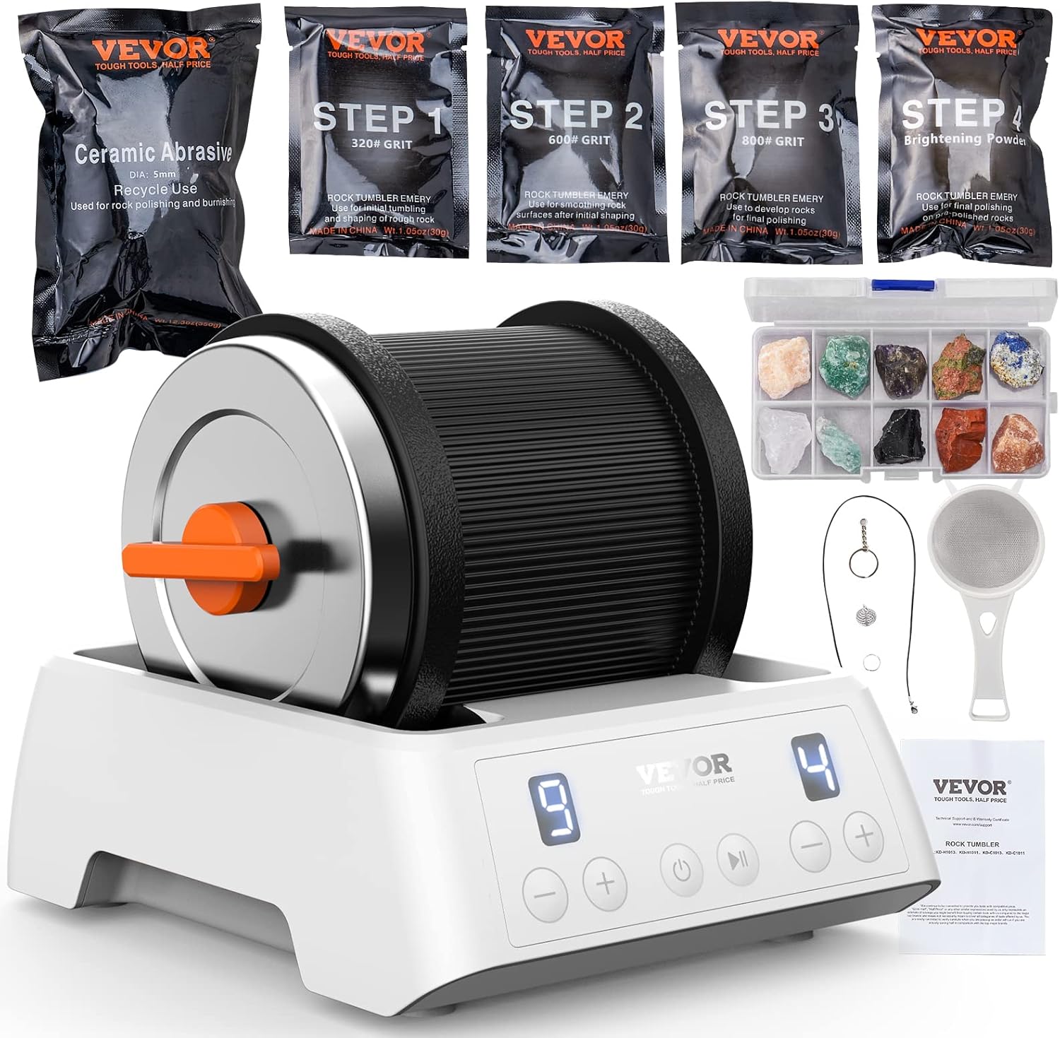 VEVOR Direct Drive Rock Tumbler Kit, 4-Speed/9-Day Timer, Professional Rock Polisher with Rough Gemstones/Grits/Jewelry Fastenings, Stone Polishing Kit for Family Fun Time, STEM Gift for Adults Kids