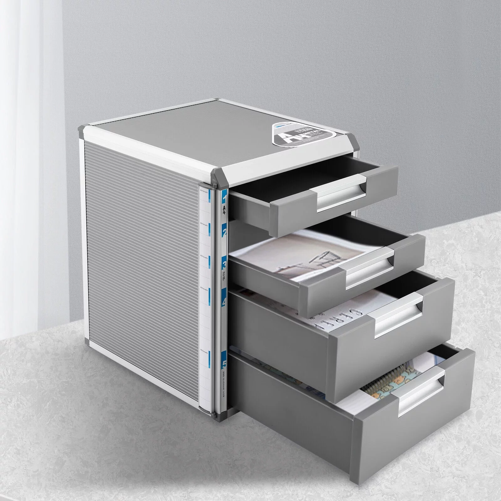 5 Drawers Desktop File Cabinet Aluminum Alloy Document Organizer Home Office Lockable Storage Box with 2 Keys