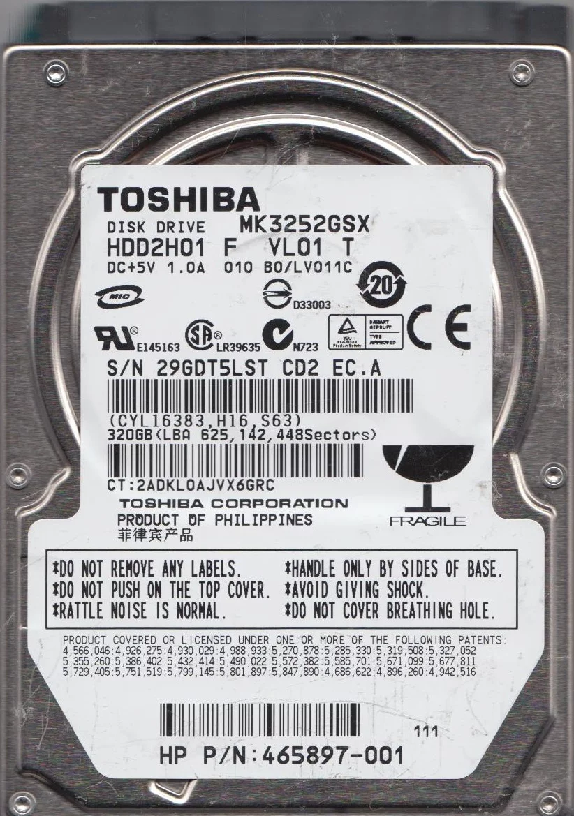 MK3252GSX, B0/LV011C, HDD2H01 F VL01 T, Toshiba 320GB SATA 2.5 Hard Drive
