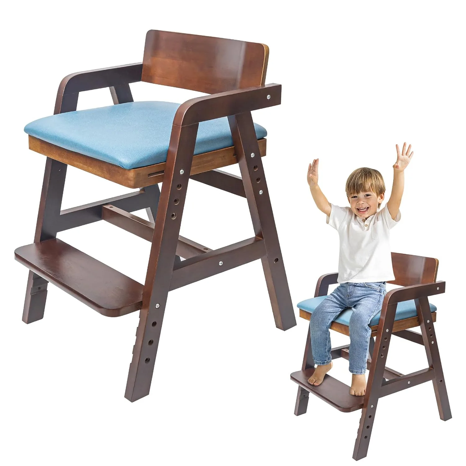 Wooden High Chair for Toddlers, Adjustable Toddler High Chair, 8 Levels Adjustable High Chair for Toddlers, Wooden Highchair with High Rebound Waterproof Cushion for Dining, Studying, Step Tool