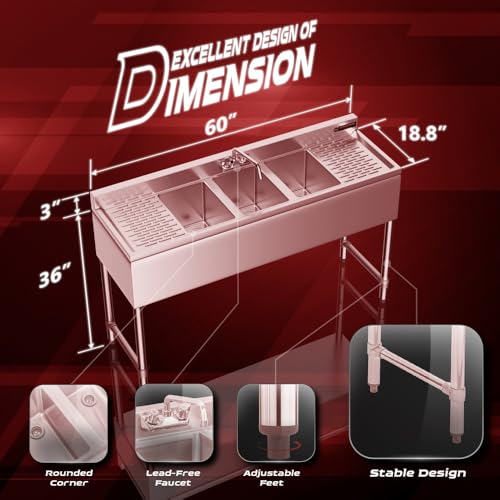 DuraSteel 3 Compartment Under Bar Sink - CEC & NSF 304 Stainless Steel 3 Bay Utility Sink with No Lead Faucet - 60