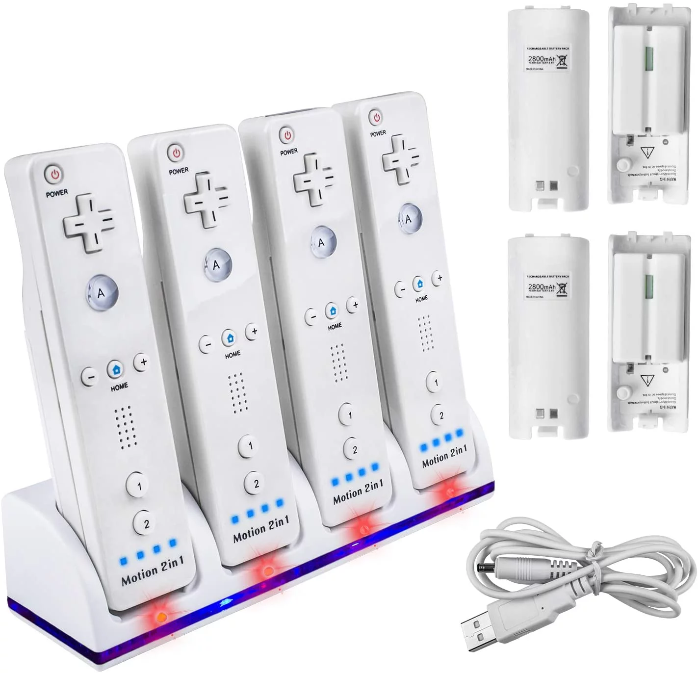 Four Charger Dock for Wii Remote, TechKen Remote Control Charger Docking Station with 4 Rechargeable Batteries from Wii Rometo Control