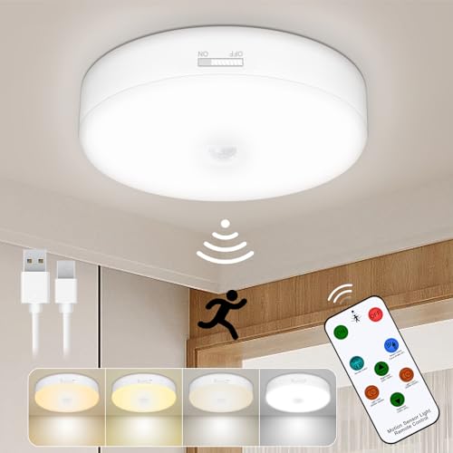 TOOWELL Battery Ceiling Light Motion Sensor with Remote, Rechargeable Motion Sensor Ceiling Light Battery Operated Closet Light for Closet Bathroom Laundry Stairs Garage Porch Shed - 2 Pack