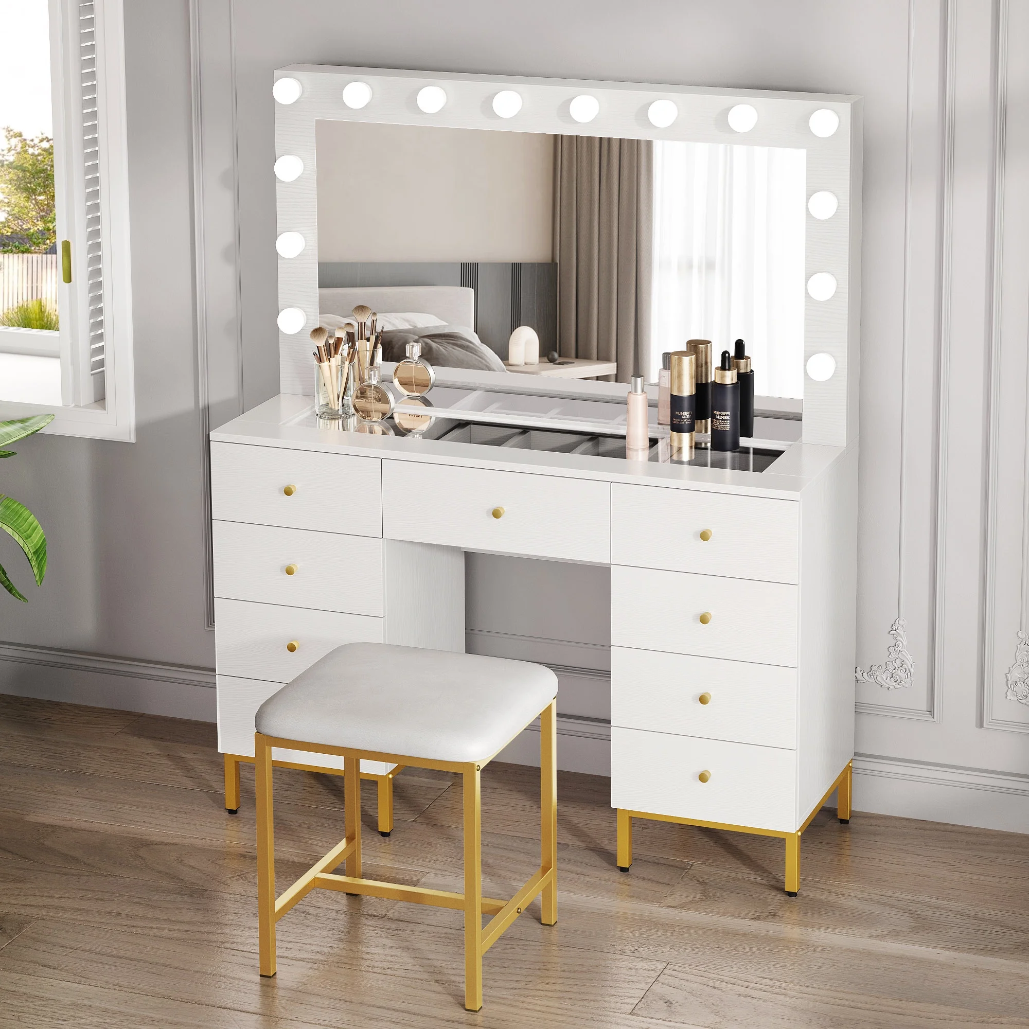 Dextrus Dextrus Vanity Table Set with 3 Color Lighted Mirror & Charging Station & Stool, Modern Makeup Vanity Dressing Table with 9 Drawers for Bedroom, Gold and White Vanity Desk for Women Girls