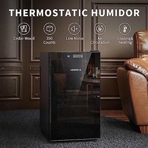 NEEDONE Humidor 48L with Cooling and Heating Temperature Control System, Electric Cooler Cabinet for 300 Counts with Spanish Cedar Wood Shelves & Drawer with Hygrometer, Gift for Men, 4 Layers