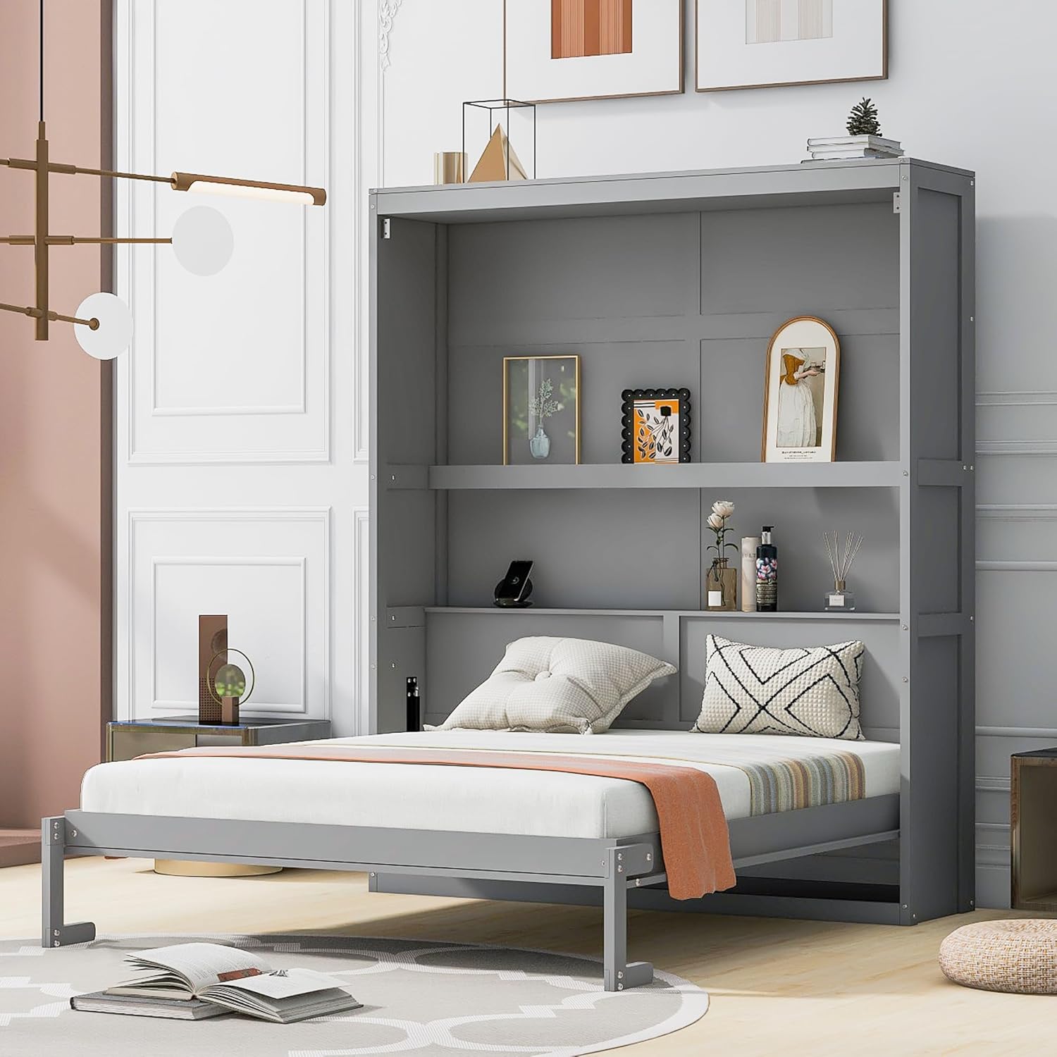Queen Size Murphy Bed with Shelves, Murphy Wall Bed, Can be Folded into Cabinet for Apartment, Guest Room, Small Space, No Box Spring Needed, Gray+MD