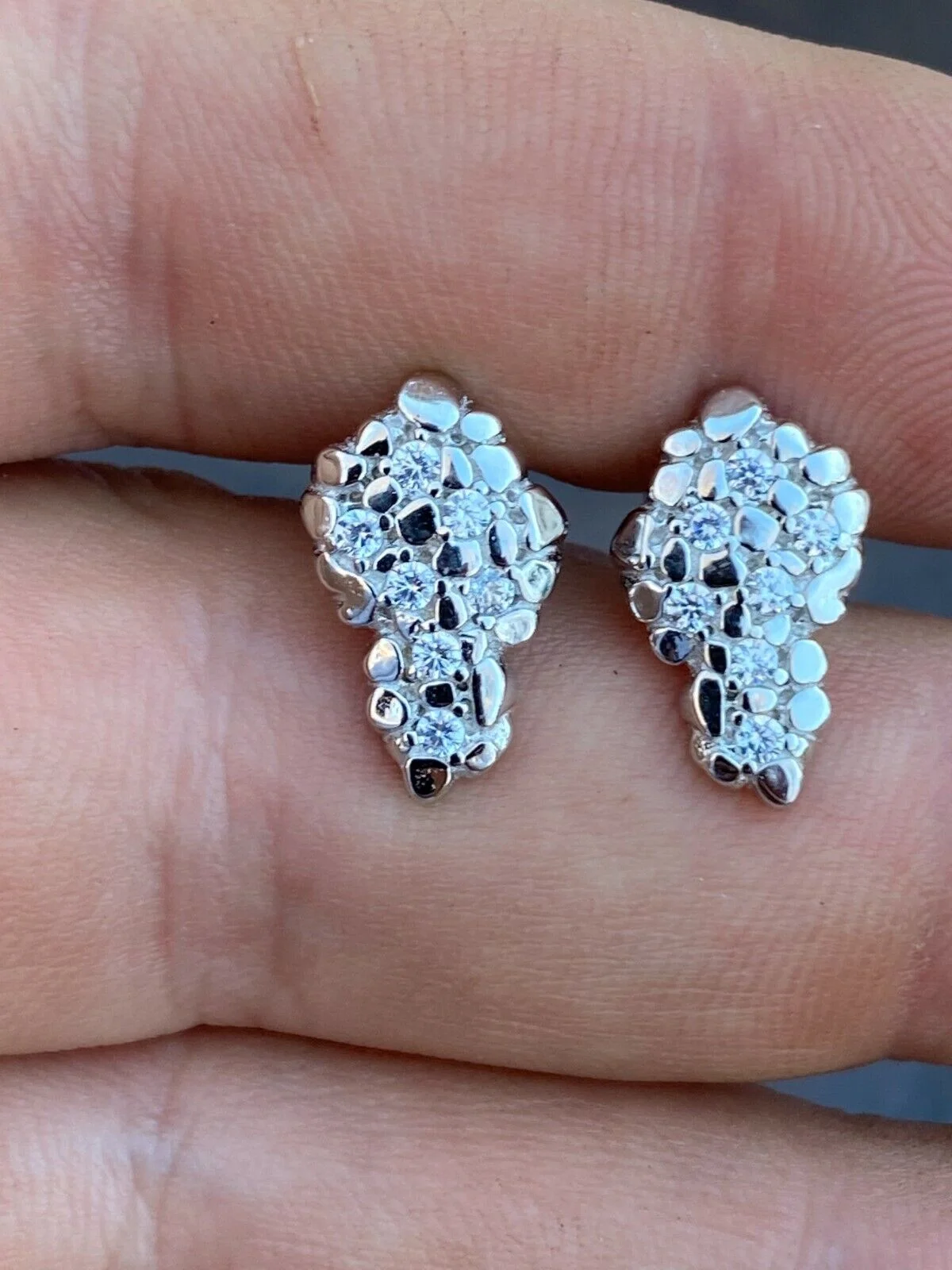Mens HipHop Real Solid 925 Sterling Silver CZ Nugget Earrings Large Iced Studs