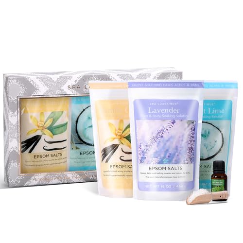 spa luxetique Bath Salts, 8pcs Bath Salts Gift Set with Argan Oil, Bath Bombs, Wooden Scoop, Epsom Salt for Soaking in Lavender, Rose, Chamomile Scent, Mother's Day Gifts