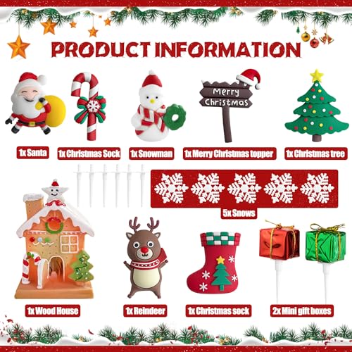 Christmas Cake Topper, Merry Christmas Cake Decorations Christmas Cupcake Toppers with Craft Xmas Tree Santa Reindeer Cake Decoration Christmas Party Cake Supplies for Christmas Holiday