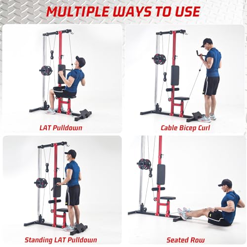 LAT Pulldown Machine, Multi-Functional Cable Machine with High and Low Pulley Station, Row Cable Machine Home Gym with Leg Support, Tricep Workout Equipment