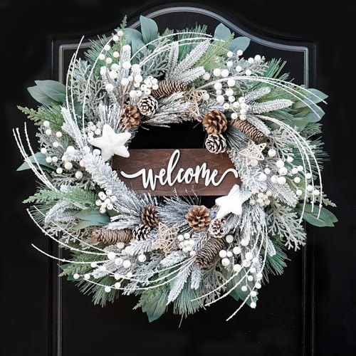 24 Inch Winter Wreaths for Front Door Outside- Pinkpuii Artificial Outdoor Christmas Wreath with Pinecones,White Berries and Welcome Sign,Xmas Holiday Winter Decorations for Home Farmhuse Door Decor