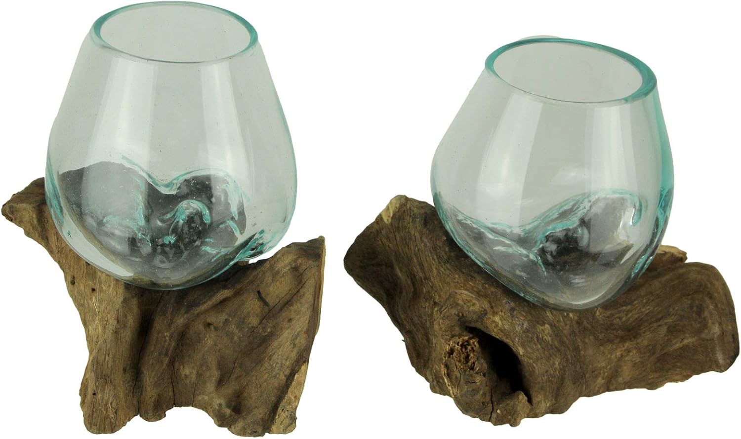 Molten Glass On Teak Driftwood Decorative Bowl Vase Terrarium Planter Set of 2