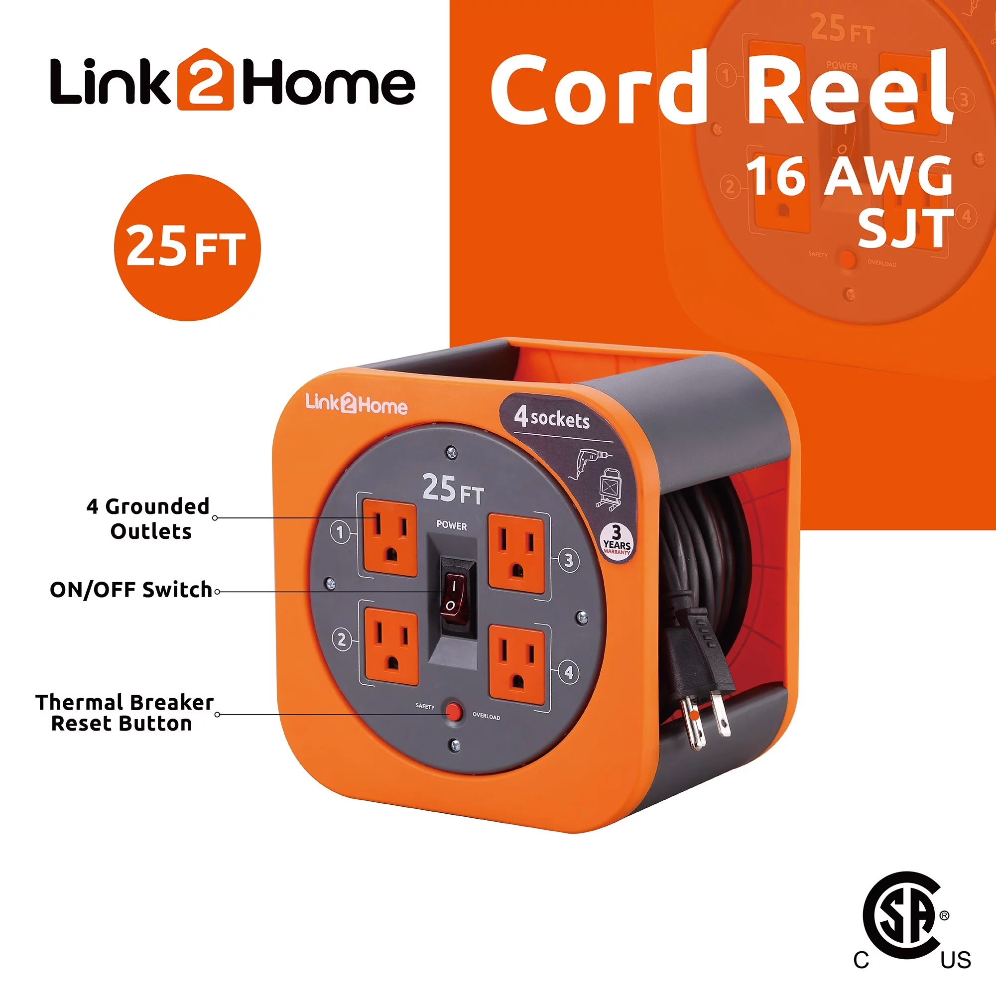 Link2Home Cord Reel 25 ft. Extension Cord 4 Power Outlets – 16 AWG SJT Cable.