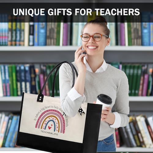 BeeGreen Mother's Day Gifts Personalized Women's Large White and Black Canvas Tote Bag, Embroidered Initials, Leather Handle, Zipper Closure