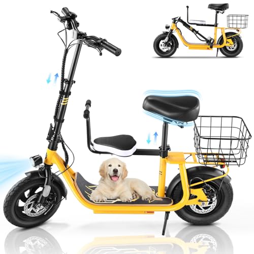 Caroma Peak 500W/800W/1200W Electric Scooter with Seat, 30 Miles Max Range Electric Scooter Adults&Teens, 48V Large Battery, 20MPH Top Speed Foldable Ebike, Adjustable E-Bike with Basket&Kid Seat