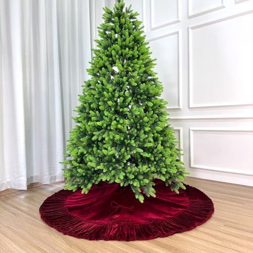 60-Inch Ruffled Velvet Christmas Tree Skirt with Foam Padding, Nylon Backing and Lace-Up Tie Closure, Burgundy