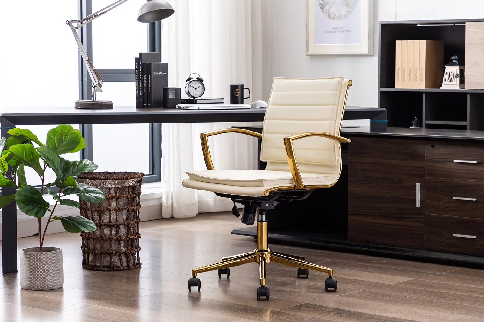 Guyou Faux Leather Swivel Office Chair, Modern Wide Seat Adjustable Height Computer Desk Chair with Backrest and Wheels, Ergonomic Task Chair Conference Chair with Armrests and Gold Metal Base, Beige