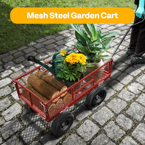 VIVOHOME Heavy Duty 880 Lbs Capacity Mesh Steel Garden Cart Folding Utility Wagon with Removable Sides and 4.10/3.50-4