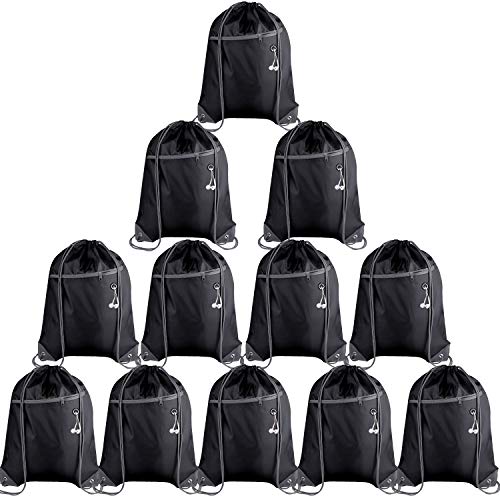 KUUQA 12Pcs Drawstring Backpack Bags Bulk with Zipper Pocket and Headphone Hole（Black）