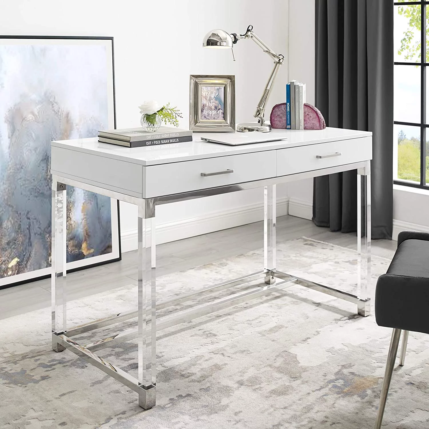 salable High Gloss 2 Drawers Writing Desk with Acrylic Legs and Chrome Stainless Steel Base  White/Chrome
