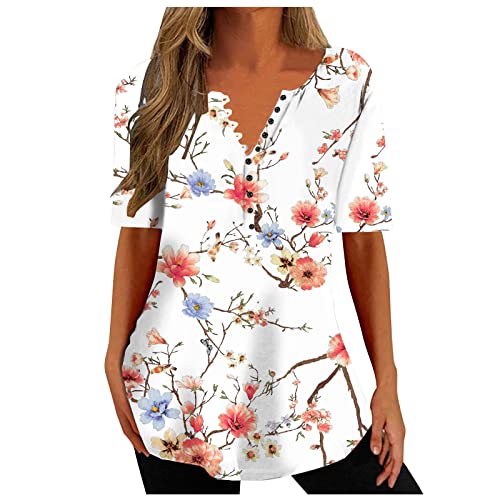 Graphic T Shirts for Women Summer Fashion Short Sleeve Blouses Casual V-Neck T-Shirts Loose Fit Floral Print Tops