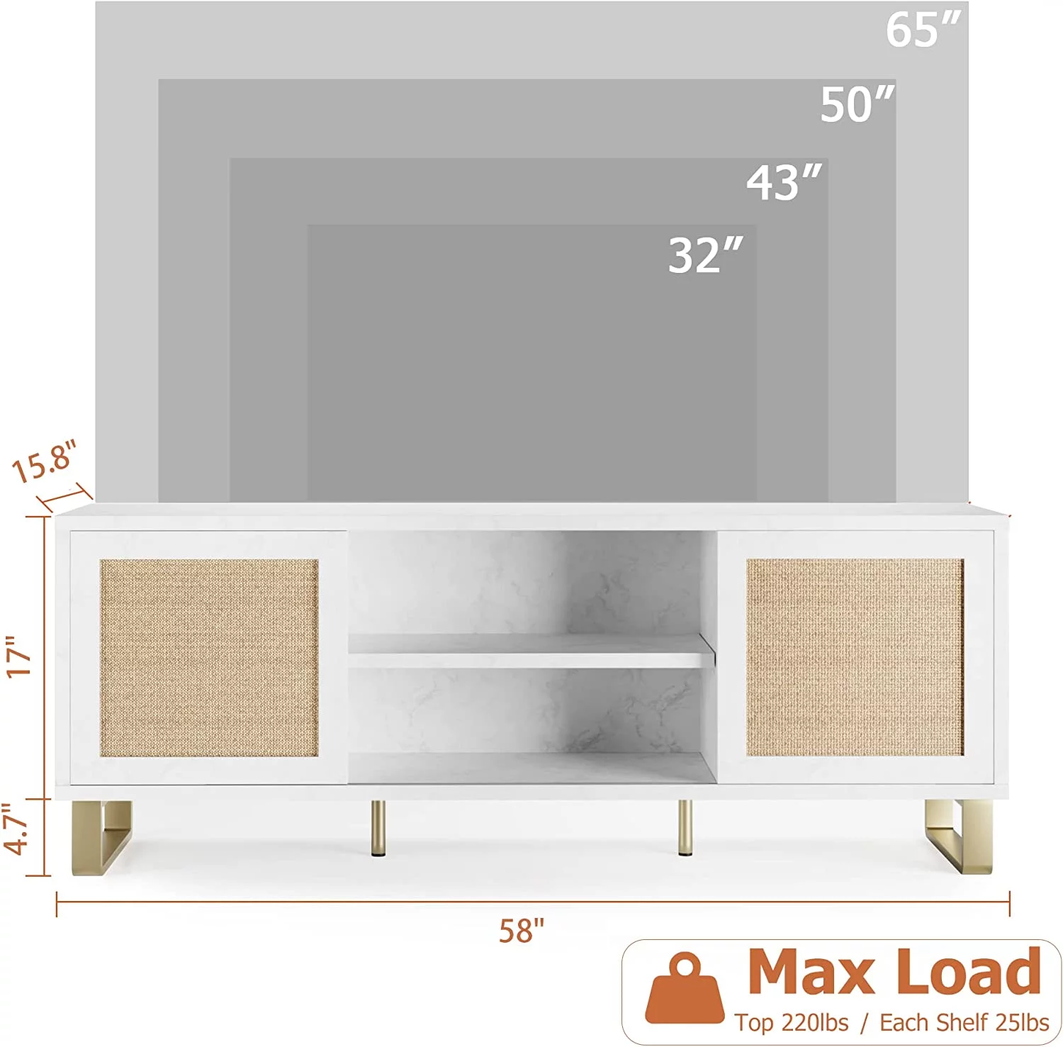TV Stand for 65 Inch TV  Rattan Entertainment Center  TV Console Table White TV Stand with   Doors and Shelves  Low TV Console Media Cabinet  for Living Bedroom