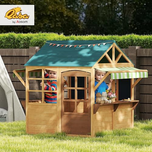 Qaba Foldable Outdoor Playhouse, Wooden Kids Cottage with Windows, Working Door, Snack Bars, Waterproof Covers, Blackboards, for Kids 3-8 Years, Brown
