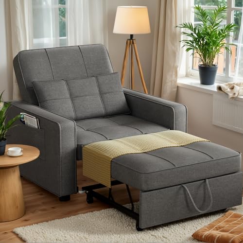 JUMMICO Sleeper Chair, 3-in-1 Convertible Sleeper Sofa Bed for Adults, Linen Fabric Pull Out Chair Bed with Adjustable Backrest, for Living Room, Apartment, Office, Small Space (Beige)