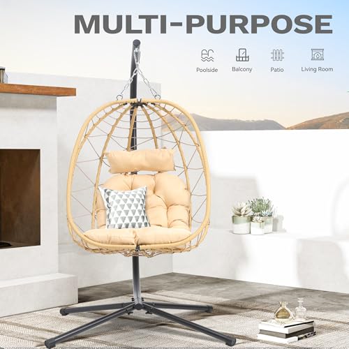 DWVO Egg Hanging Swing Chair with Stand Egg Chair Wicker Egg Chair with Cushions 330lbs for Patio, Bedroom, Garden and Balcony, Beige