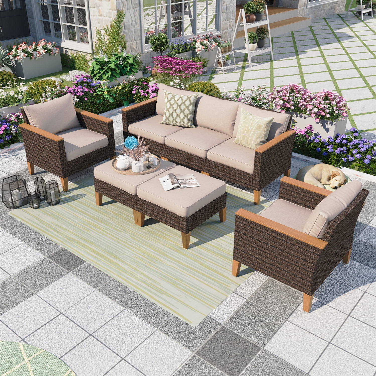 MF Studio 7 Piece Patio Conversation Set  Outdoor Wicker Furniture Set Beige