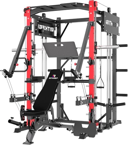 Smith Machine with Jammer Arms & Leg Press with Adjustable Dual Pulley Ratio (1:1 & 2:1), PMAX-4750 All-in-One Commercial & Home Gym Equipment, Heavy-Duty Steel Frame by RitKeep