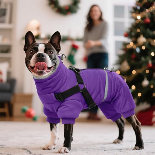 BRKURLEG Black Dog Coat with Harness, Dog Winter Jacket, Dogs Onesie Body Warm Jackets, Small Dogs Winter Coats Reflective Windproof Warm Cold Weather Coats, Pet Waterproof Jacket Hiking XL